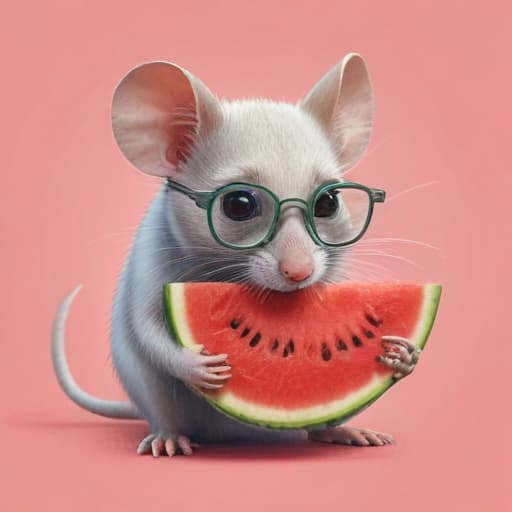 Please draw a mouse wearing glasses eating watermelon