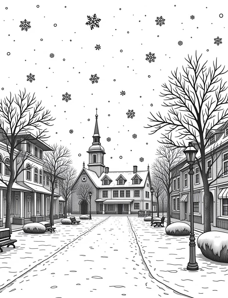  this is for an adult coloring page. a detailed black and white line art of a snowy snowflakes falling gently over a quiet town square on a solid white background.