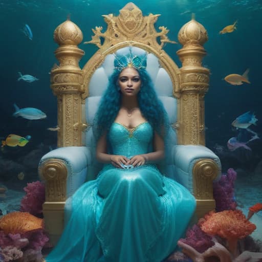 In a mystical underwater kingdom, Queen of Atlantis sits regally on a grand coral throne, adorned with shimmering pearls and seashells. Her flowing turquoise hair cascades down her back as she gazes out towards the vast ocean depths. Behind her, schools of colorful fish swim gracefully in the crystal-clear waters, while bioluminescent jellyfish drift by, casting an ethereal glow. The queen's eyes hold an ancient wisdom, reflecting the tranquility and power of the water element. The scene is bathed in a soft, iridescent light, creating a serene and enchanting atmosphere. fantastical creatures or characters inspired by mythology, folklore, or popular culture. use vibrant colors, sharp lines, intricate details, dynamic poses, dramatic lighting