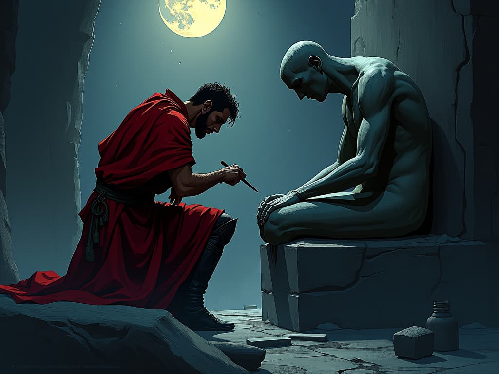  sculptor in red tunic, chiseling a stone figure under moonlight, sense of destiny sculpting. the style is digital art illustration / modern comic book / graphic dark novel fantasy and mysterious occult, symbolic, moody lighting, esoteric vibe,high detail on character design. for the color scheme emphasize blacks and reds.