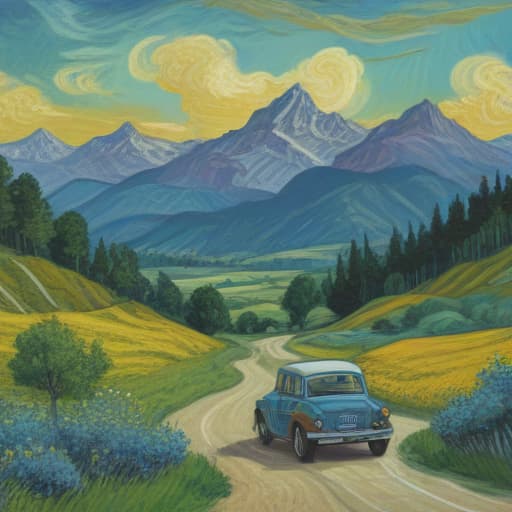 Mountains, trees, field, winding road, GM car in Van Gogh style