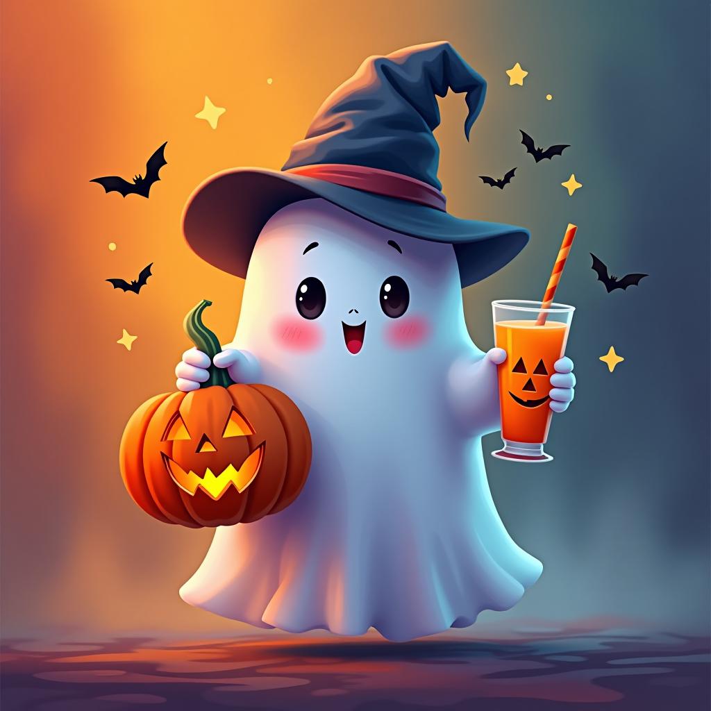  create a digital painting featuring a cute ghost character. the ghost should be wearing a hat. in one hand, the ghost should hold a pumpkin with a carved face, and in the other hand, a halloween themed drink. the background should be colorfull and include small black bats and stars to add a playful halloween touch. the overall style should be cute, whimsical, and colorful hyperrealistic, full body, detailed clothing, highly detailed, cinematic lighting, stunningly beautiful, intricate, sharp focus, f/1. 8, 85mm, (centered image composition), (professionally color graded), ((bright soft diffused light)), volumetric fog, trending on instagram, trending on tumblr, HDR 4K, 8K