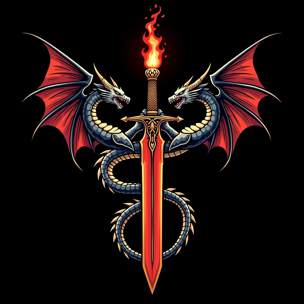  design a logo, custom sticker design on an isolated black background decorated by mythical dragons and a flaming sword