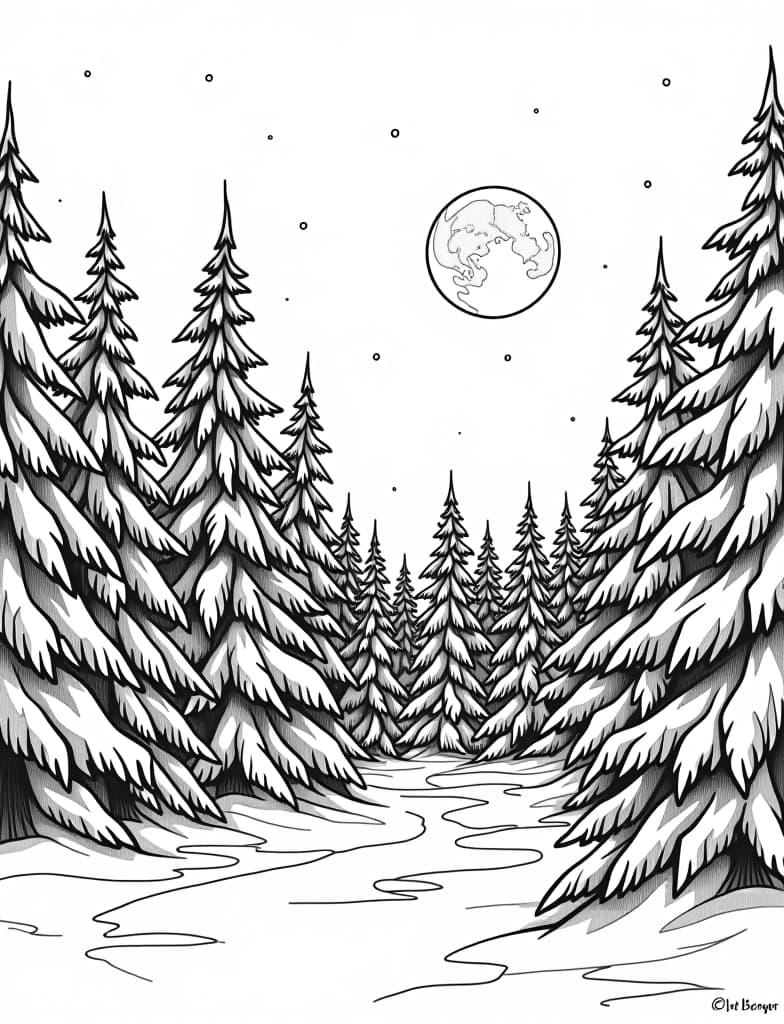  this is for an adult coloring page. a detailed black and white line art of a snowy winter moonlight shining on a snow covered forest on a solid white background.