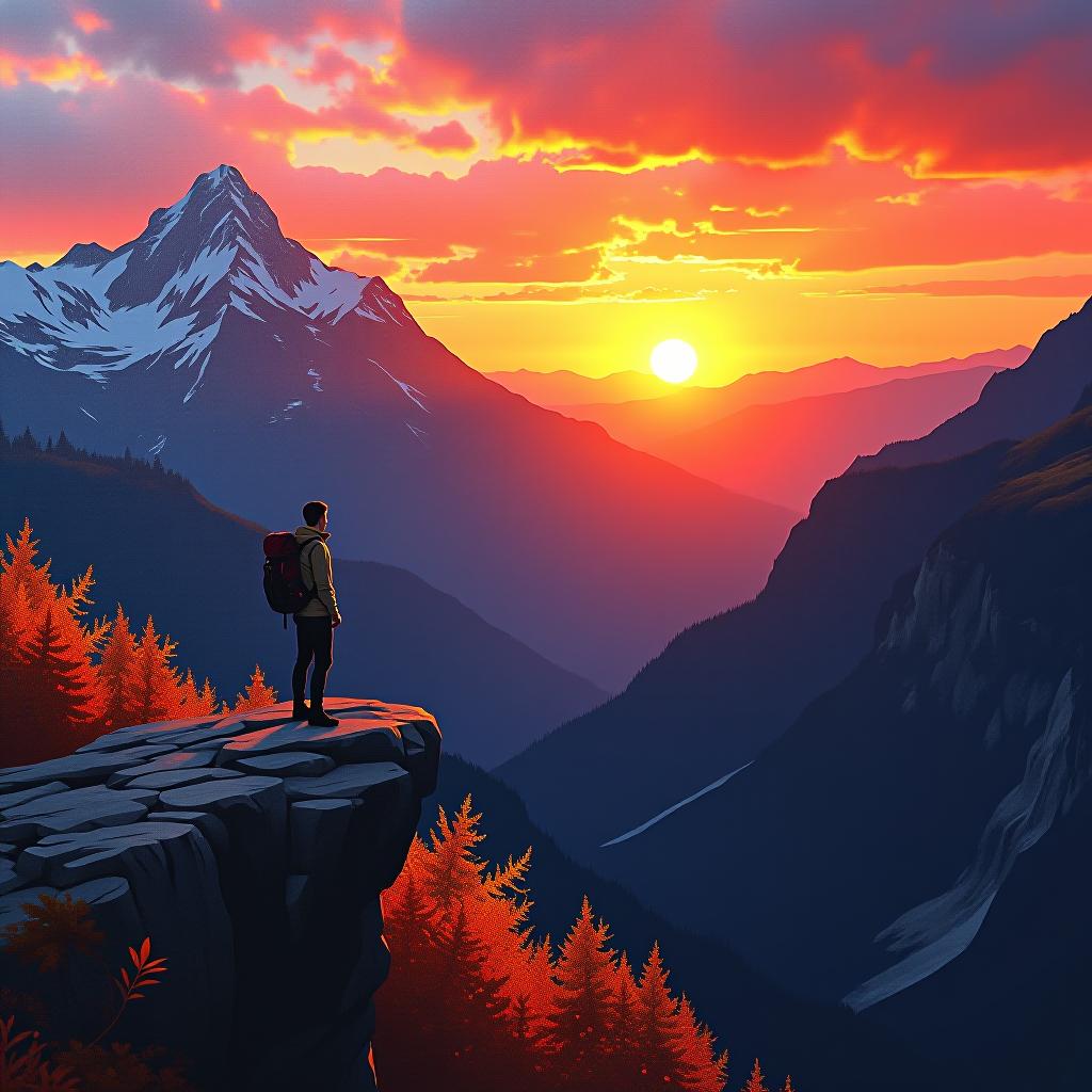  an awe inspiring mountain range at sunset, with a hiker standing on a rocky ledge overlooking a deep valley, adorned with vibrant autumn colors, the hiker's silhouette against the warm golden hues, conveying a sense of tranquility and fulfillment, artwork, acrylic painting on canvas, ar 16:9