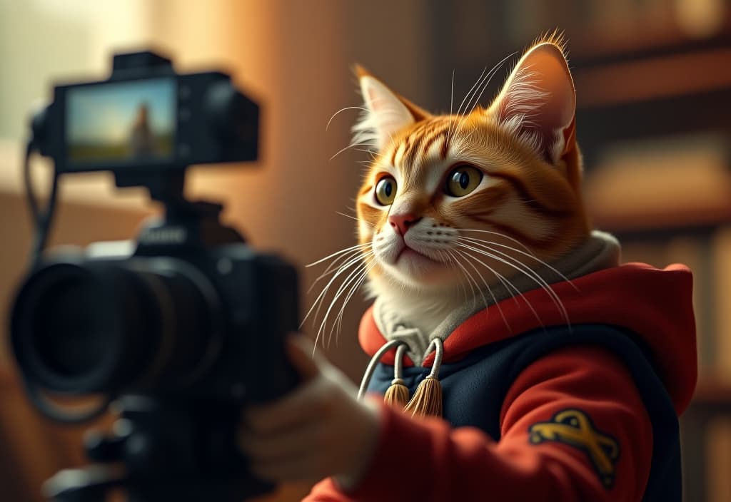  the cat with the video camera is filming the story, the style of the ticker, the vector, the bottom of "you're filming, smile." hyperrealistic, full body, detailed clothing, highly detailed, cinematic lighting, stunningly beautiful, intricate, sharp focus, f/1. 8, 85mm, (centered image composition), (professionally color graded), ((bright soft diffused light)), volumetric fog, trending on instagram, trending on tumblr, HDR 4K, 8K