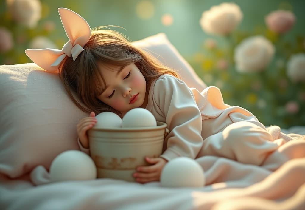  hyperrealistic art a little girl in a white pajama with a bucket and soft balls sleeping in a fairy kingdom. . extremely high resolution details, photographic, realism pushed to extreme, fine texture, incredibly lifelike hyperrealistic, full body, detailed clothing, highly detailed, cinematic lighting, stunningly beautiful, intricate, sharp focus, f/1. 8, 85mm, (centered image composition), (professionally color graded), ((bright soft diffused light)), volumetric fog, trending on instagram, trending on tumblr, HDR 4K, 8K