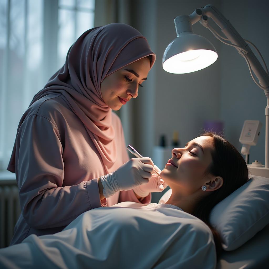  a girl cosmetologist in a hijab is performing a procedure on a client in a very beautiful and aesthetically pleasing room. hyperrealistic, full body, detailed clothing, highly detailed, cinematic lighting, stunningly beautiful, intricate, sharp focus, f/1. 8, 85mm, (centered image composition), (professionally color graded), ((bright soft diffused light)), volumetric fog, trending on instagram, trending on tumblr, HDR 4K, 8K