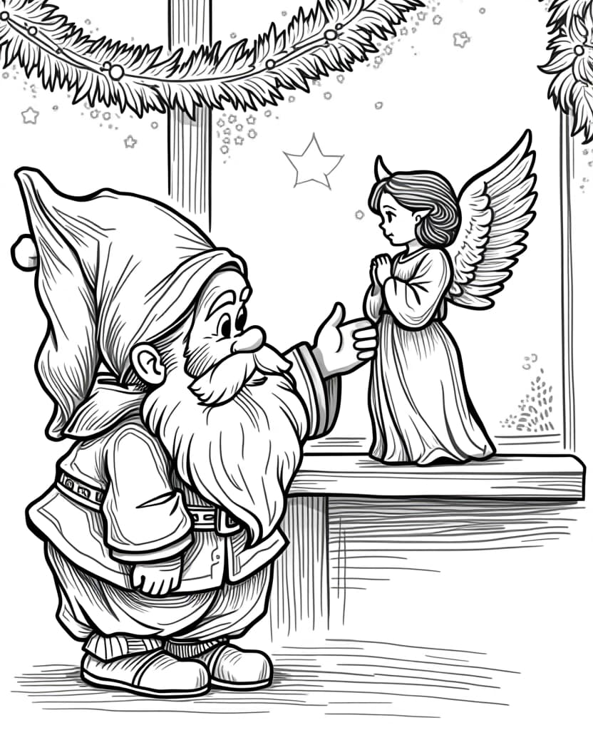  centered black and white high contrast line drawing, coloring book style,colorin book page a thoughtful gnome carefully places a delicate christmas angel figurine on a shelf, admiring its beauty. the angel has elegant wings, the gnome looks at him in amazement. the scene captures a quiet, reverent moment during the christmas season., monochrome, blank white background