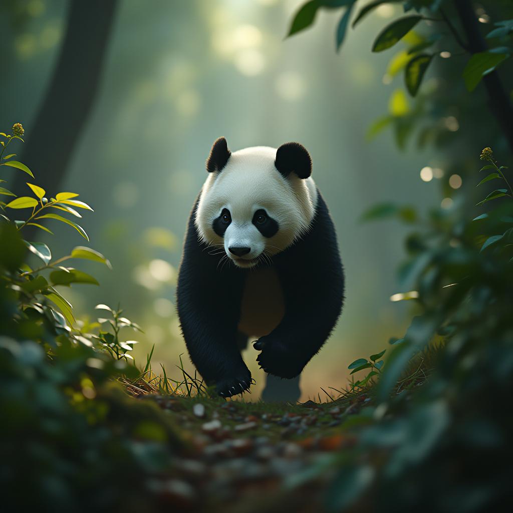  (masterpiece, surrealism, vint colors, digital art:1.3), panda running through amazon jungle hyperrealistic, full body, detailed clothing, highly detailed, cinematic lighting, stunningly beautiful, intricate, sharp focus, f/1. 8, 85mm, (centered image composition), (professionally color graded), ((bright soft diffused light)), volumetric fog, trending on instagram, trending on tumblr, HDR 4K, 8K