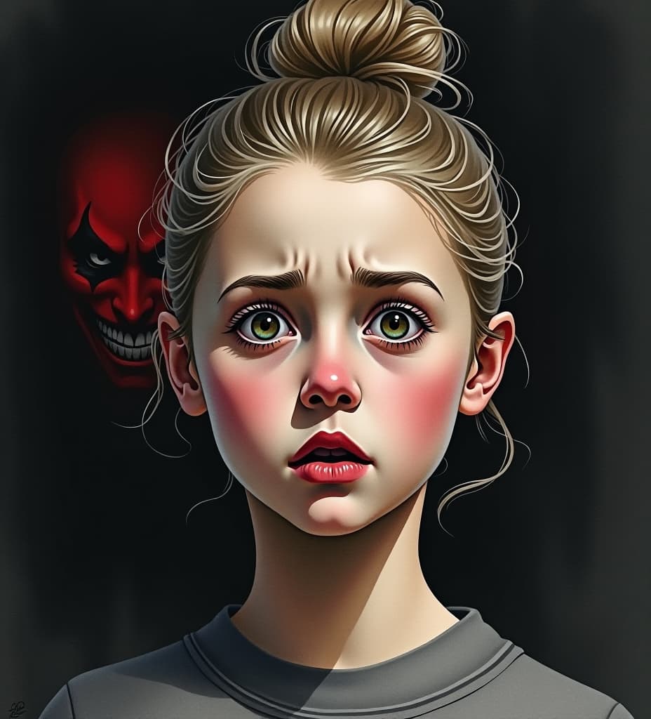  a masterpiece created with watercolors and digital painting. a frightened face of a young bulgarian girl, rounded eyes, mouth slightly open from fear, fear on the face, blonde, hair twisted into a bun, gaze looks slightly to the side, black background, background in darkness with a shadow, from the shadow of darkness behind the girl a red face with a sinister grin appears, the image was created with watercolors and digital painting