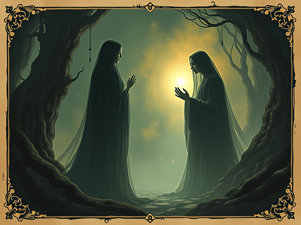  ethereal figures sensing invisible energies, heightened sensitivity, ambient glow, mystical atmosphere, soft light filtering through, calm and serene. an illustration in the style of a worn, mystical old tarot trump card, mysterious and elements of surrealism. the colors are muted, somber and eerie, but with contrast bring out an occult and esoteric vibe.