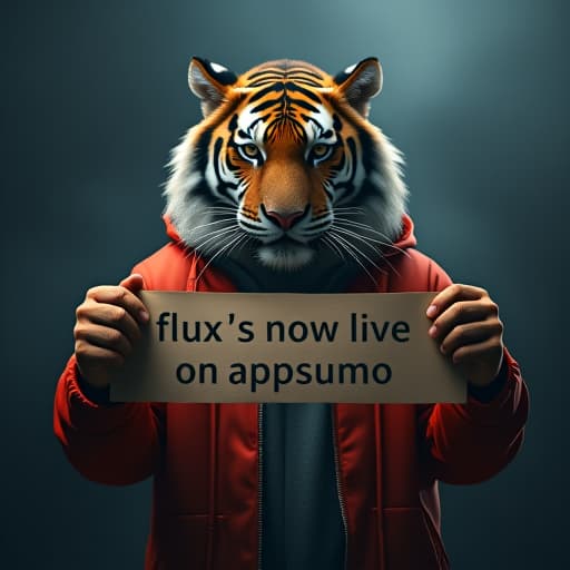  tiger holding banner saying 'flux is now live on appsumo' hyperrealistic, full body, detailed clothing, highly detailed, cinematic lighting, stunningly beautiful, intricate, sharp focus, f/1. 8, 85mm, (centered image composition), (professionally color graded), ((bright soft diffused light)), volumetric fog, trending on instagram, trending on tumblr, HDR 4K, 8K