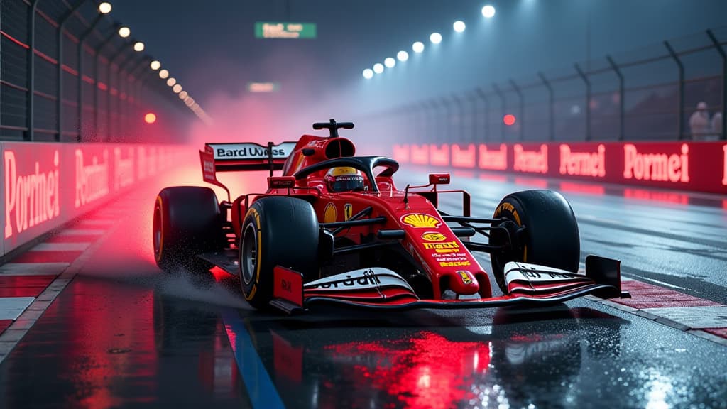  prompt: create an ultra realistic image of carlos sainz's ferrari sf 24 crashing into a track barrier during singapore grand prix qualifying. show a dramatic scene with detailed tire marks, debris, and a tense atmosphere. include the ferrari and singapore grand prix logos prominently. illuminate the scene with colorful lights to capture the moment of the "fahrfehler" (driving error) described by sainz. highlight the emotional impact of setbacks and hope in the face of challenges, symbolized by s