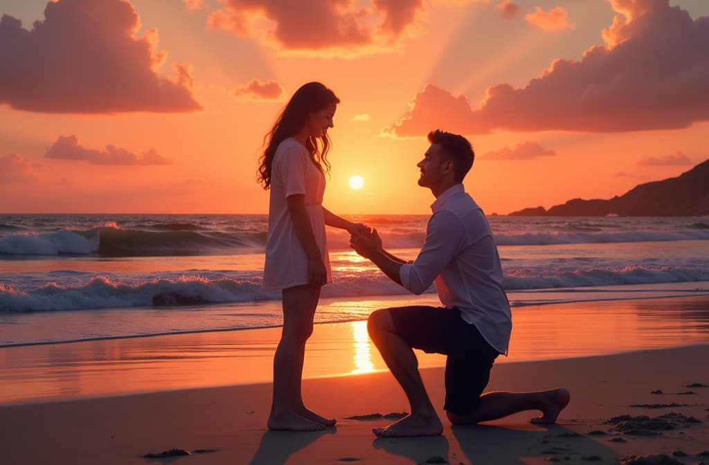  man proposing to girl on beach at sunset ar 3:2 {prompt}, maximum details