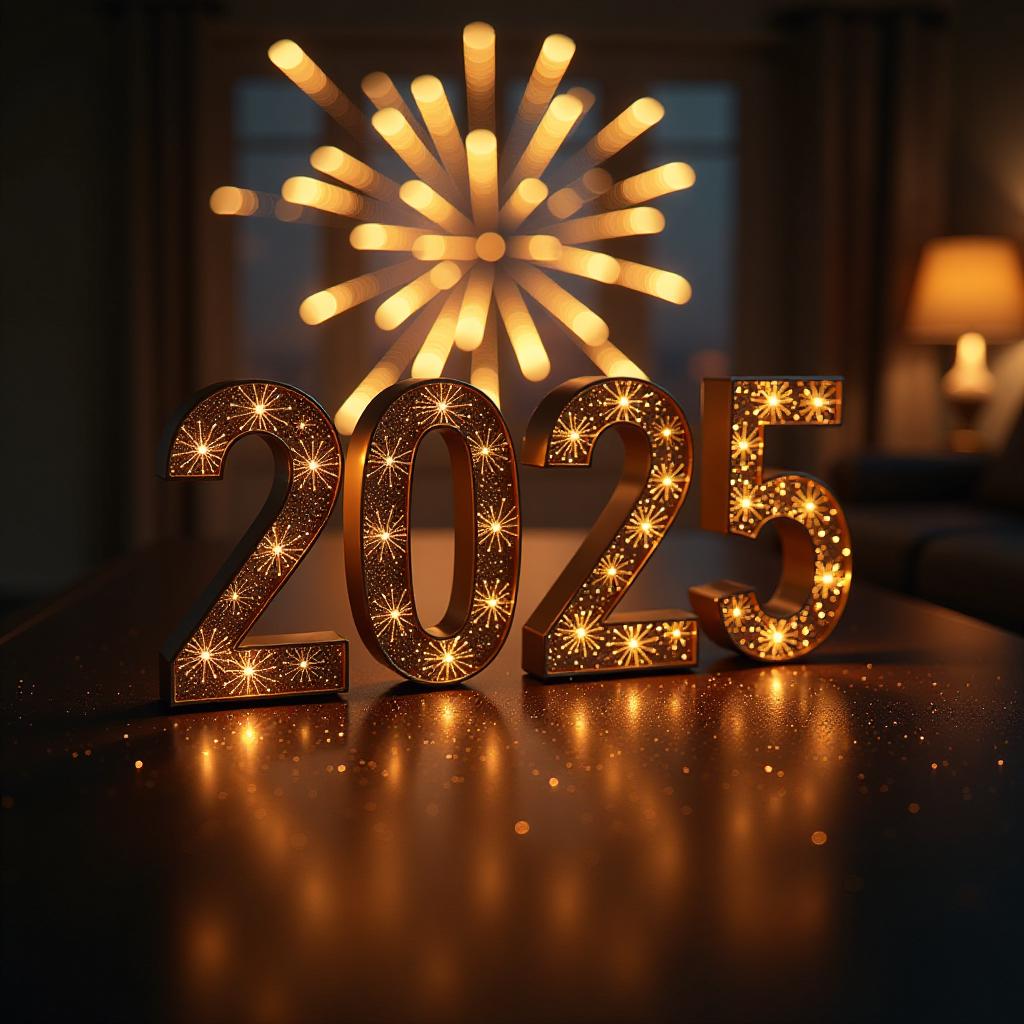  cinematic film style, happy new year 2025 celebration text with festive gold fireworks collage in night sky, shallow depth of field, vignette, maximum details, high budget hollywood movie, bokeh, cinemascope, moody, epic, gorgeous, sun rays and shadows on furniture and surfaces, flattering light, raw photo, photography, photorealistic, 8k resolution, f1.4, sharpened focus, sharp focus