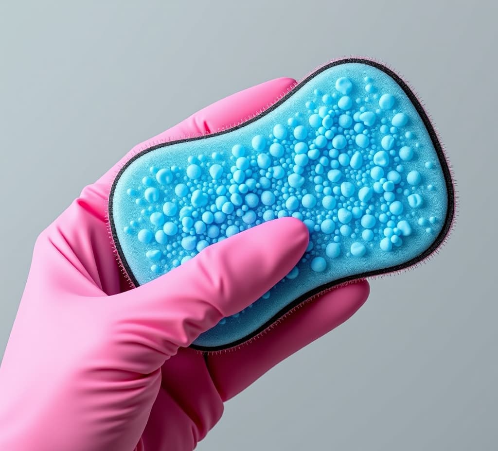  blue cleaning sponge and hand with pink cleaning glove 2