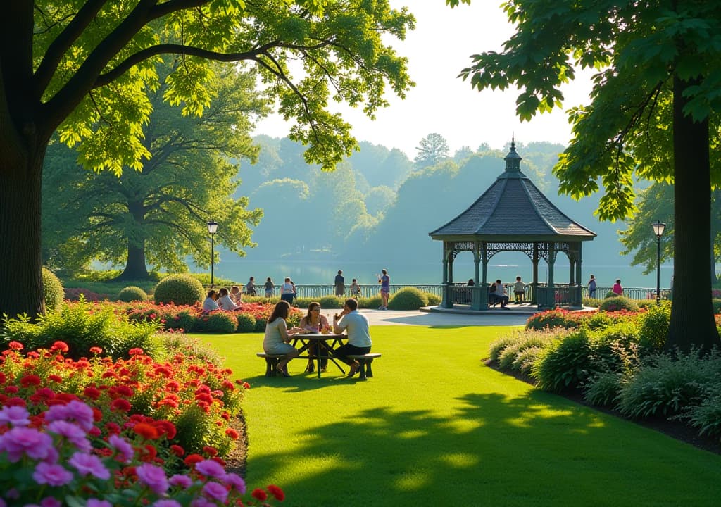  a picturesque view of kew gardens in toronto, showcasing vibrant flower beds, a charming gazebo, and families enjoying picnics, with the backdrop of lush greenery and the nearby lake ontario, capturing the essence of this hidden oasis. hyperrealistic, full body, detailed clothing, highly detailed, cinematic lighting, stunningly beautiful, intricate, sharp focus, f/1. 8, 85mm, (centered image composition), (professionally color graded), ((bright soft diffused light)), volumetric fog, trending on instagram, trending on tumblr, HDR 4K, 8K