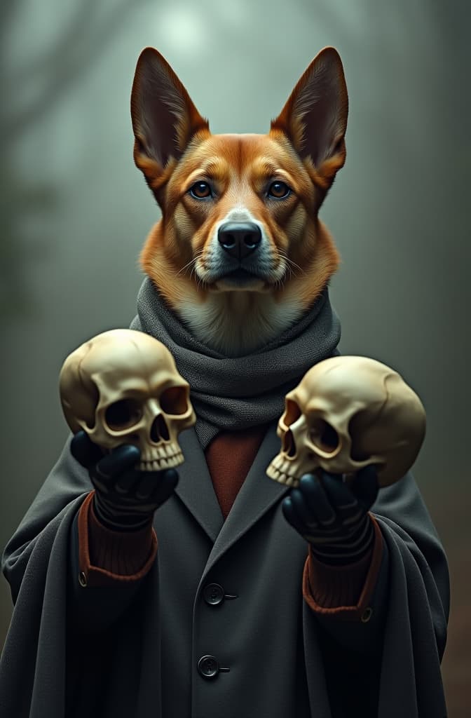  dog ruling the modern world with humans skulls in hand hyperrealistic, full body, detailed clothing, highly detailed, cinematic lighting, stunningly beautiful, intricate, sharp focus, f/1. 8, 85mm, (centered image composition), (professionally color graded), ((bright soft diffused light)), volumetric fog, trending on instagram, trending on tumblr, HDR 4K, 8K