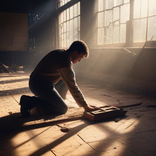 A photo of a skilled demolition worker carefully prying up old floorboards in a dilapidated warehouse during late afternoon, with warm sunlight streaming in through broken windows casting dramatic shadows across the dusty air.