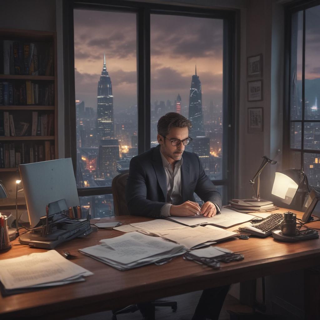 ((masterpiece)),(((best quality))), 8k, high detailed, ultra detailed, lonely man in the office, desk cluttered with papers, dim lighting, computer screen glowing, window showing cityscape at night, bookshelf filled with books hyperrealistic, full body, detailed clothing, highly detailed, cinematic lighting, stunningly beautiful, intricate, sharp focus, f/1. 8, 85mm, (centered image composition), (professionally color graded), ((bright soft diffused light)), volumetric fog, trending on instagram, trending on tumblr, HDR 4K, 8K