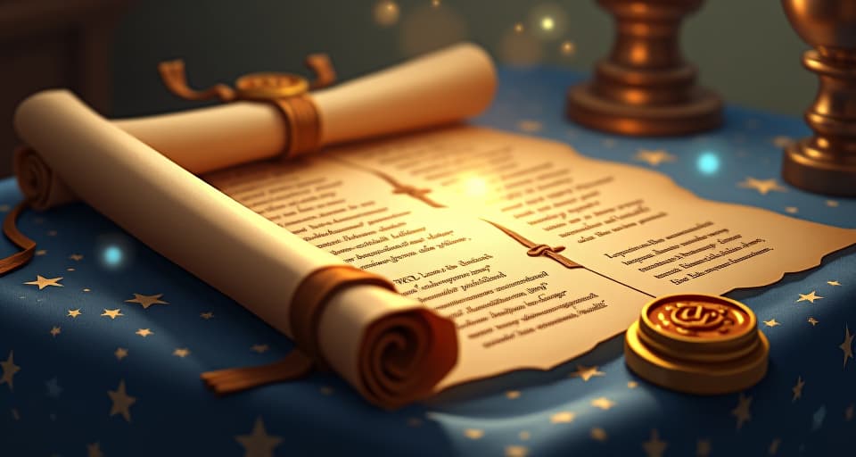  a set of ancient scrolls, rolled and sealed with ornate wax stamps, resting on a table covered with starry cloth. soft light from floating orbs illuminates runic letters, timeless wisdom, echoes of bygone eras.. the style is digital art illustration,highly detailed, whimsical,magical, dreamlike atmosphere, realism and fantasy blend, smooth, glossy textures,luminous quality, wonder and enchantment.