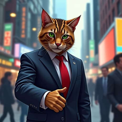  in a bustling cityscape backdrop, the anthropomorphic tabby cat, hemule, exudes charisma in an immaculate suit. his green eyes gleam as he confidently shakes hands with a cartoonish version of trump, capturing a moment of edgy rebellion. the scene is vibrant, detailed, and comic book like in style. hyperrealistic, full body, detailed clothing, highly detailed, cinematic lighting, stunningly beautiful, intricate, sharp focus, f/1. 8, 85mm, (centered image composition), (professionally color graded), ((bright soft diffused light)), volumetric fog, trending on instagram, trending on tumblr, HDR 4K, 8K