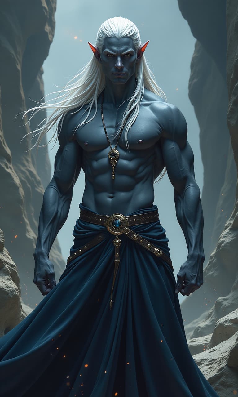  ethereal fantasy concept art of a young handsome man, drow, a dark elf, dark gray skin, long white hair, slim, toned, against the background of rocks . magnificent, celestial, ethereal, painterly, epic, majestic, magical, fantasy art, cover art, dreamy