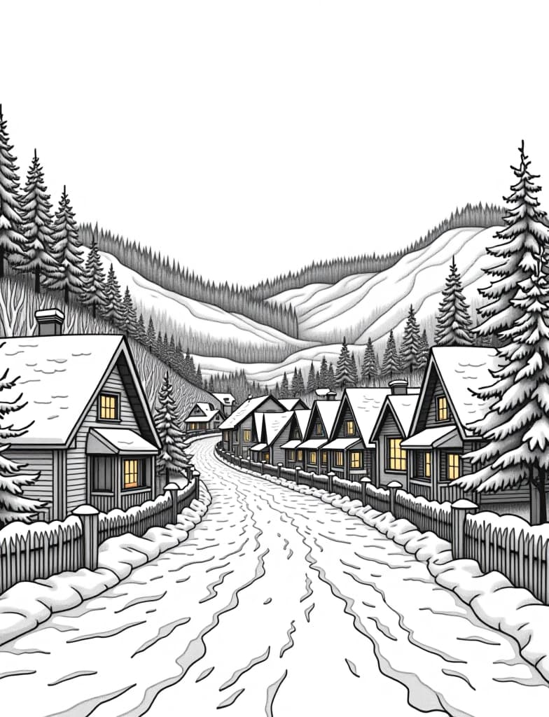  this is for an adult coloring page. a detailed black and white line art of a snowy village at night with houses covered in snow and warm lights glowing from windows on a solid white background.