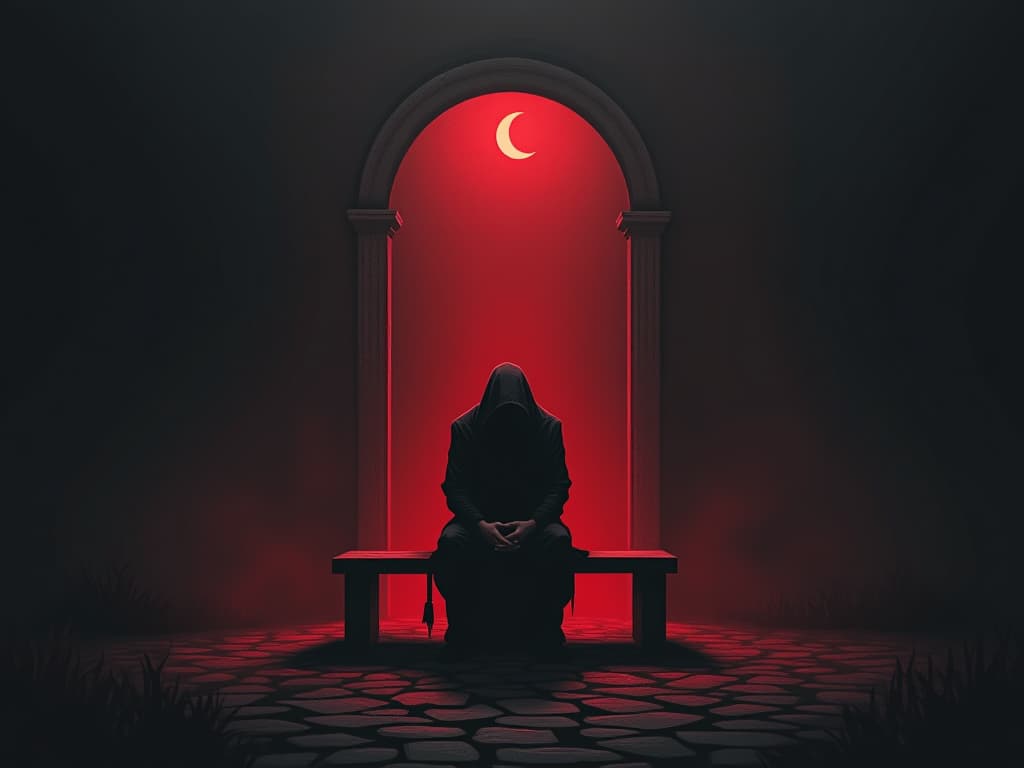  lonely figure sitting on a bench, head bowed, surrounded by a void of darkness, sense of deep isolation and sorrow. the style is dark fantasy and mysterious occult, symbolic, moody lighting, esoteric vibe,high detail on character design. for the color scheme emphasize blacks and reds.