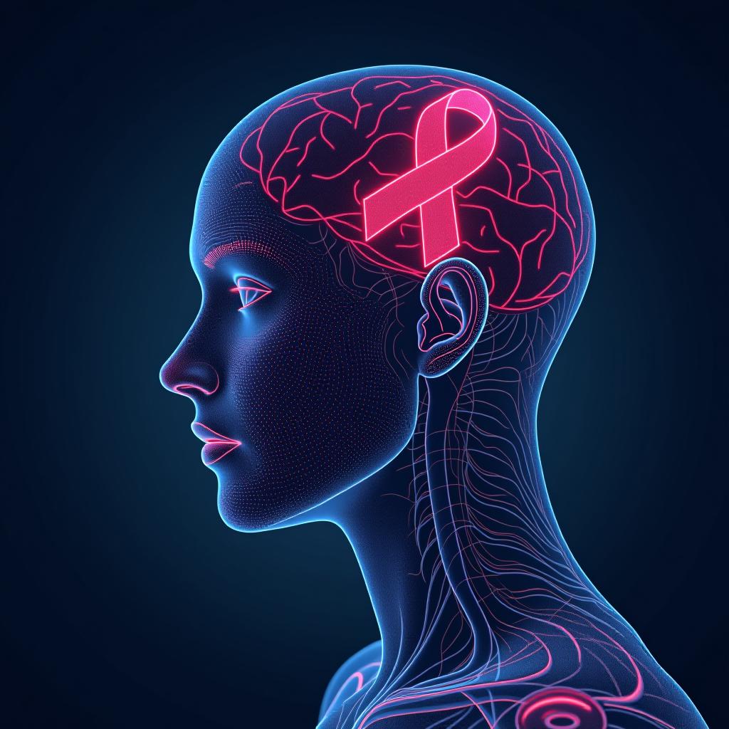  cancer awareness conceptual generative ai illustration with bald hairless person after chemo treatment