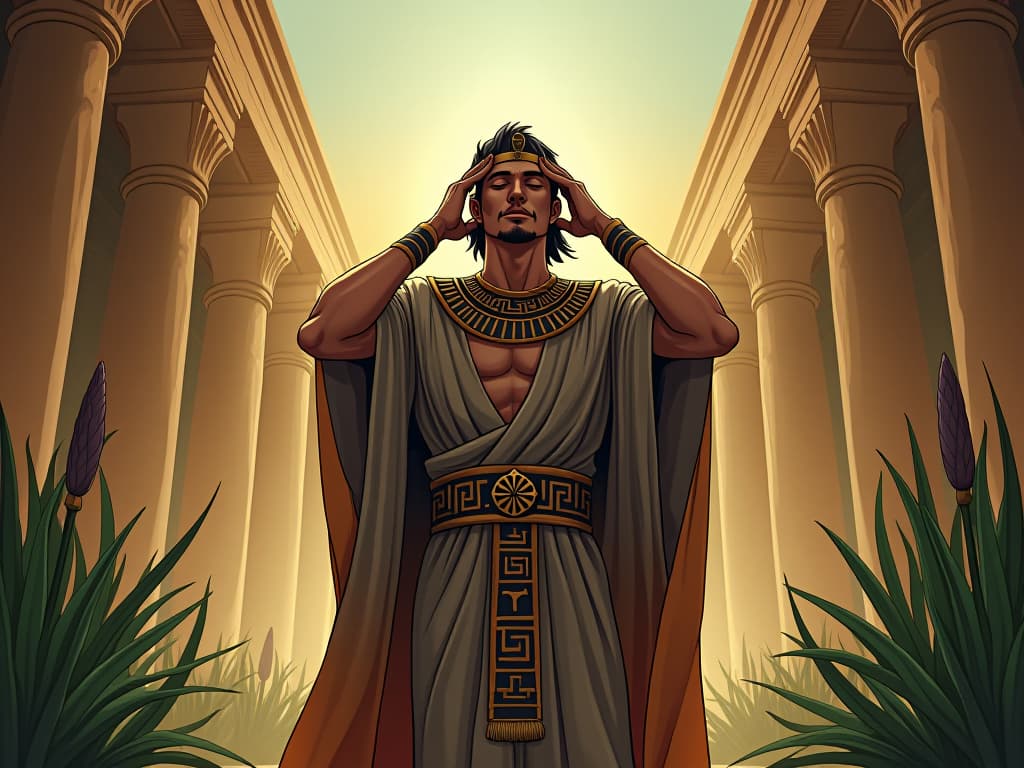  a male figure in an egyptian robe, standing in a temple courtyard, papyrus plants swaying in a breeze, eyes closed, hands at temples, emotions swirling around like visible auras. the style is digital art illustration / modern comic book / mysterious occult, symbolic, esoteric vibe,high detail on character design, incorporating ancient egyptian symbology and attire.