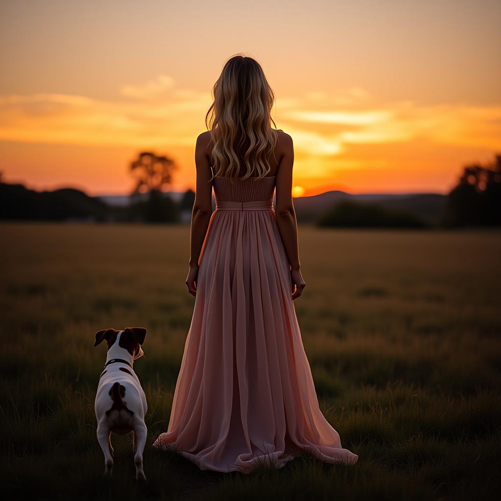  a blonde girl stands against the sunset in a long dress, with her back to the camera, along with a jack russell dog.