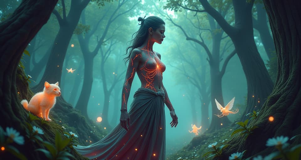  a mystical being with glowing veins, standing in a magical forest. around them, ethereal spirits and translucent creatures, their presence palpable and as vivid as the pulse in their veins.. the style is digital art illustration,highly detailed, whimsical,magical, dreamlike atmosphere, realism and fantasy blend, smooth, glossy textures,luminous quality, wonder and enchantment.