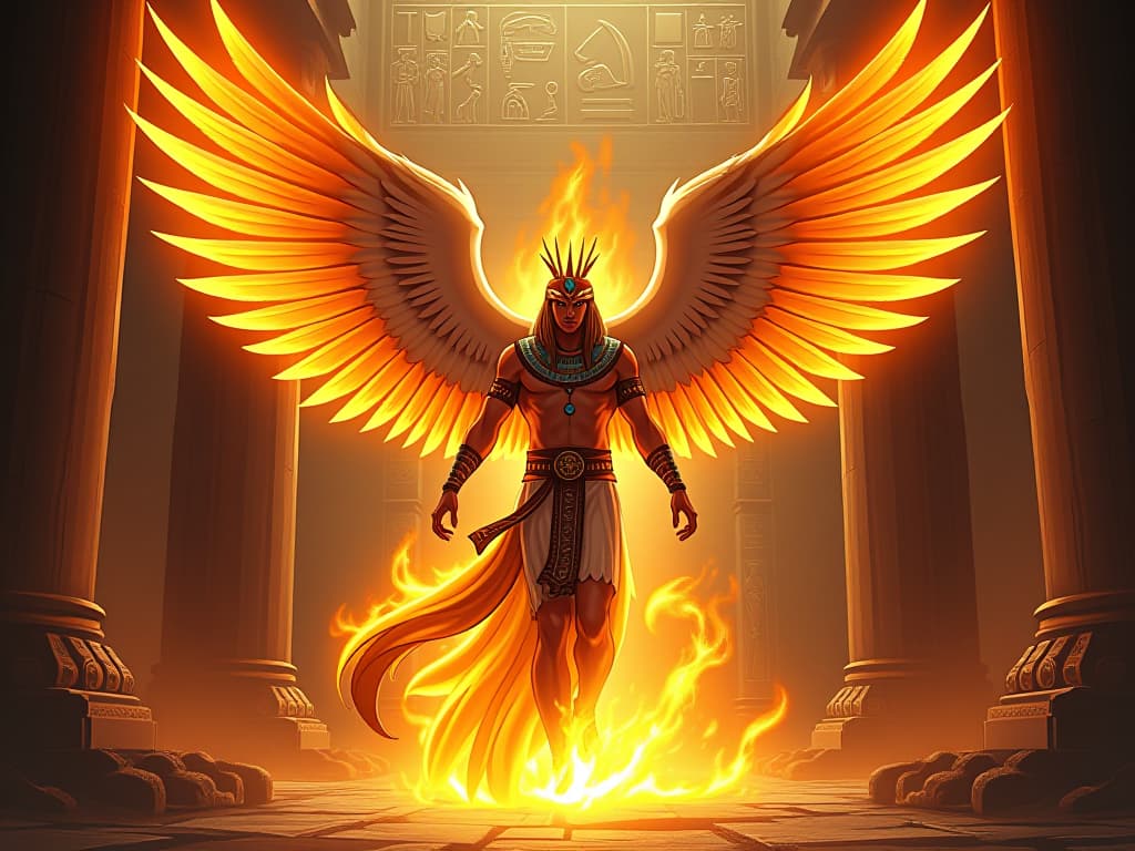  a majestic phoenix, wings ablaze with golden flames, emerging from an ancient egyptian tomb, hieroglyphs glowing on the tomb walls, symbolizing transformation, powerful and mystical. the style is digital art illustration / modern comic book / mysterious occult, symbolic, esoteric vibe,high detail on character design, incorporating ancient egyptian symbology and attire.