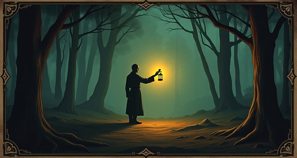  lone figure holding lantern, casting warm light, standing in shadowy forest clearing, glowing aura, discovery, self realization. an illustration in the style of a worn, mystical old tarot trump card, mysterious and elements of surrealism. the colors are muted, somber and eerie, but with contrast bring out an occult and esoteric vibe.