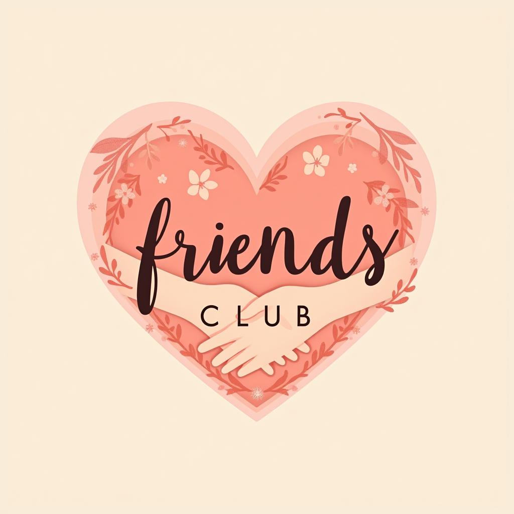  create a romantic themed logo for a group called 'friends club,' inspired by k drama aesthetics. the logo should feature a warm and inviting color palette with elements that evoke friendship and affection, such as hearts, intertwined hands, or subtle floral patterns. include subtle k drama inspired motifs, such as elegant script fonts, dreamy backgrounds, or charming character illustrations. incorporate the text 'friends club' in a stylish, romantic font. the overall design should capture the essence of k drama romance and convey a sense of closeness and warmth