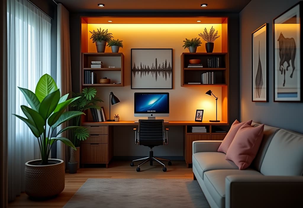  a landscape photo of a compact home office nook with a floating desk, wall mounted organizers, and a cozy reading corner, all integrated seamlessly into a living room setting hyperrealistic, full body, detailed clothing, highly detailed, cinematic lighting, stunningly beautiful, intricate, sharp focus, f/1. 8, 85mm, (centered image composition), (professionally color graded), ((bright soft diffused light)), volumetric fog, trending on instagram, trending on tumblr, HDR 4K, 8K