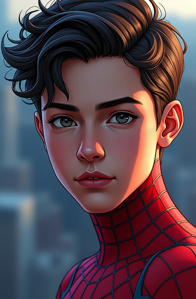  لمشهد الأول: الميدان القتالي , spiderman, marvel comic panel, comic panel, manga and manhwa style panel, portrait, young person face, spiderverse style, style for marvel comic, anime comic panel style hyperrealistic, full body, detailed clothing, highly detailed, cinematic lighting, stunningly beautiful, intricate, sharp focus, f/1. 8, 85mm, (centered image composition), (professionally color graded), ((bright soft diffused light)), volumetric fog, trending on instagram, trending on tumblr, HDR 4K, 8K