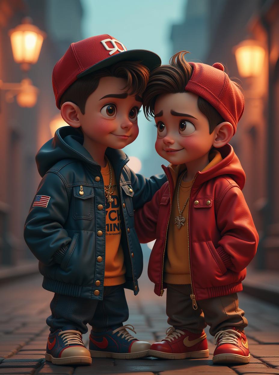  pixar style two angry boys dressed like rappers, one comforting the other, high quality, high details, hd, perfect composition, 4k epic detailed, highly detailed, sharp focus, high resolution