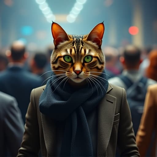  in a bustling ethereum conference hall, hemule, the anthropomorphic tabby cat, commands attention with his rebellious charisma. his striking green eyes pierce through the crowd, embodying a tough and edgy vibe. dressed impeccably, hemule exudes confidence, surrounded by a mix of brown, black, and grey stripes. the scene is vibrant and ultra realistic, reminiscent of a comic book's dynamic quality. hyperrealistic, full body, detailed clothing, highly detailed, cinematic lighting, stunningly beautiful, intricate, sharp focus, f/1. 8, 85mm, (centered image composition), (professionally color graded), ((bright soft diffused light)), volumetric fog, trending on instagram, trending on tumblr, HDR 4K, 8K