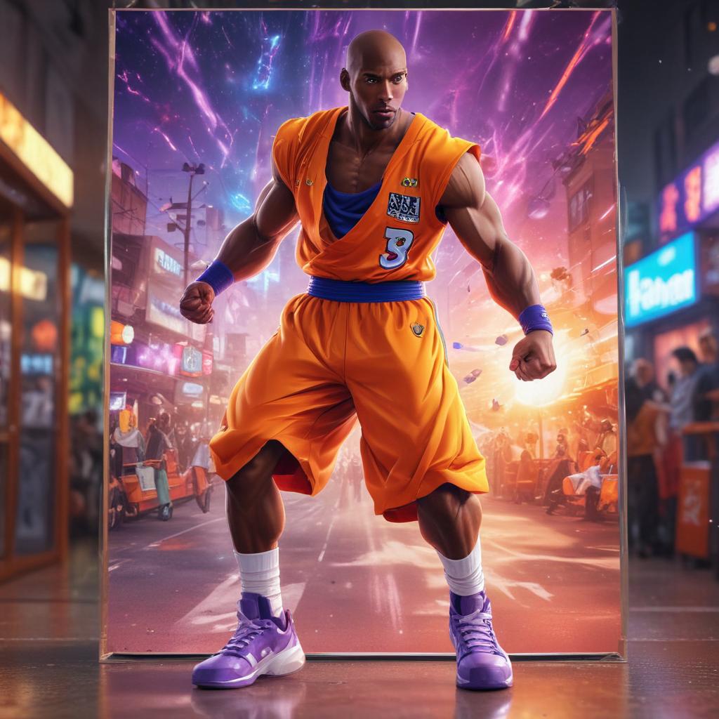 distance-shot, flashy, full-body, dynamic, holographic, animated cartoon poster of kobe scene in the style of dragon ball super