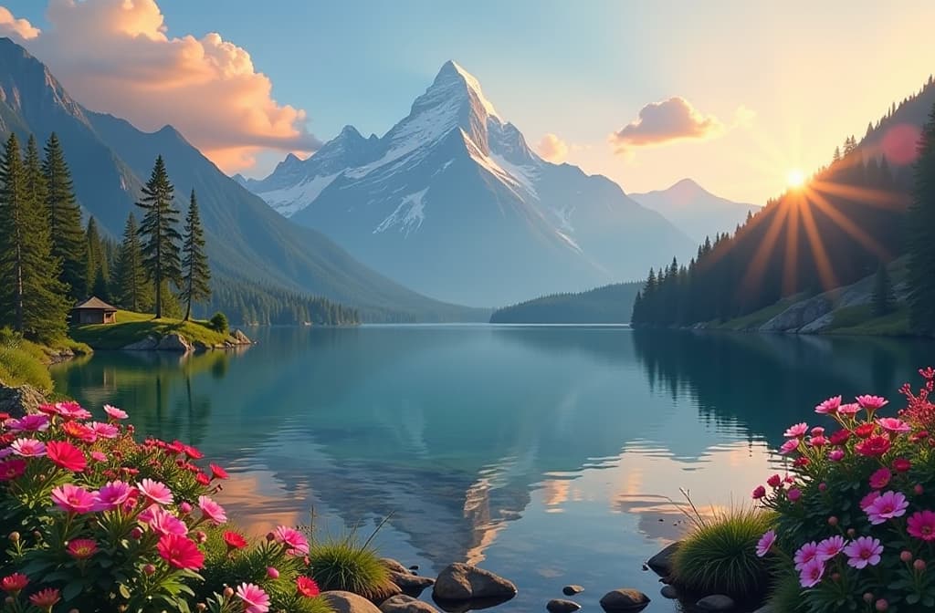  "create a surreal landscape where vibrant colors blend seamlessly, highlighting a majestic mountain range reflected in a crystal clear lake. envelop the scene in a magical golden hour glow, with soft, ethereal clouds above and lush greenery framing the foreground. incorporate subtle elements of digital manipulation, such as impossibly vivid flowers and a sky adorned with floating, whimsical shapes that evoke a sense of enhanced beauty and imagination." hyperrealistic, full body, detailed clothing, highly detailed, cinematic lighting, stunningly beautiful, intricate, sharp focus, f/1. 8, 85mm, (centered image composition), (professionally color graded), ((bright soft diffused light)), volumetric fog, trending on instagram, trending on tumblr, HDR 4K, 8K