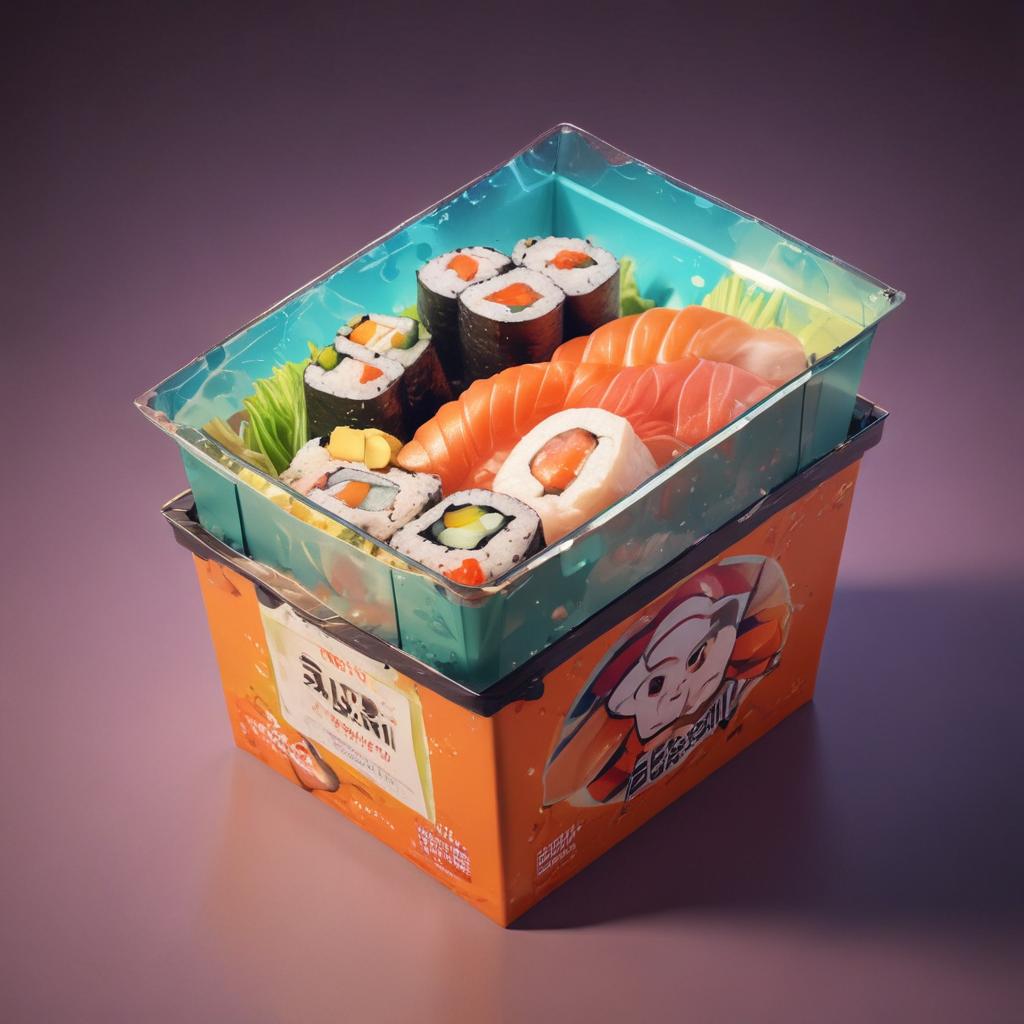 distance-shot, flashy, full-body, dynamic, holographic, animated cartoon poster of a take-out box of sushi in the style of dragon ball super