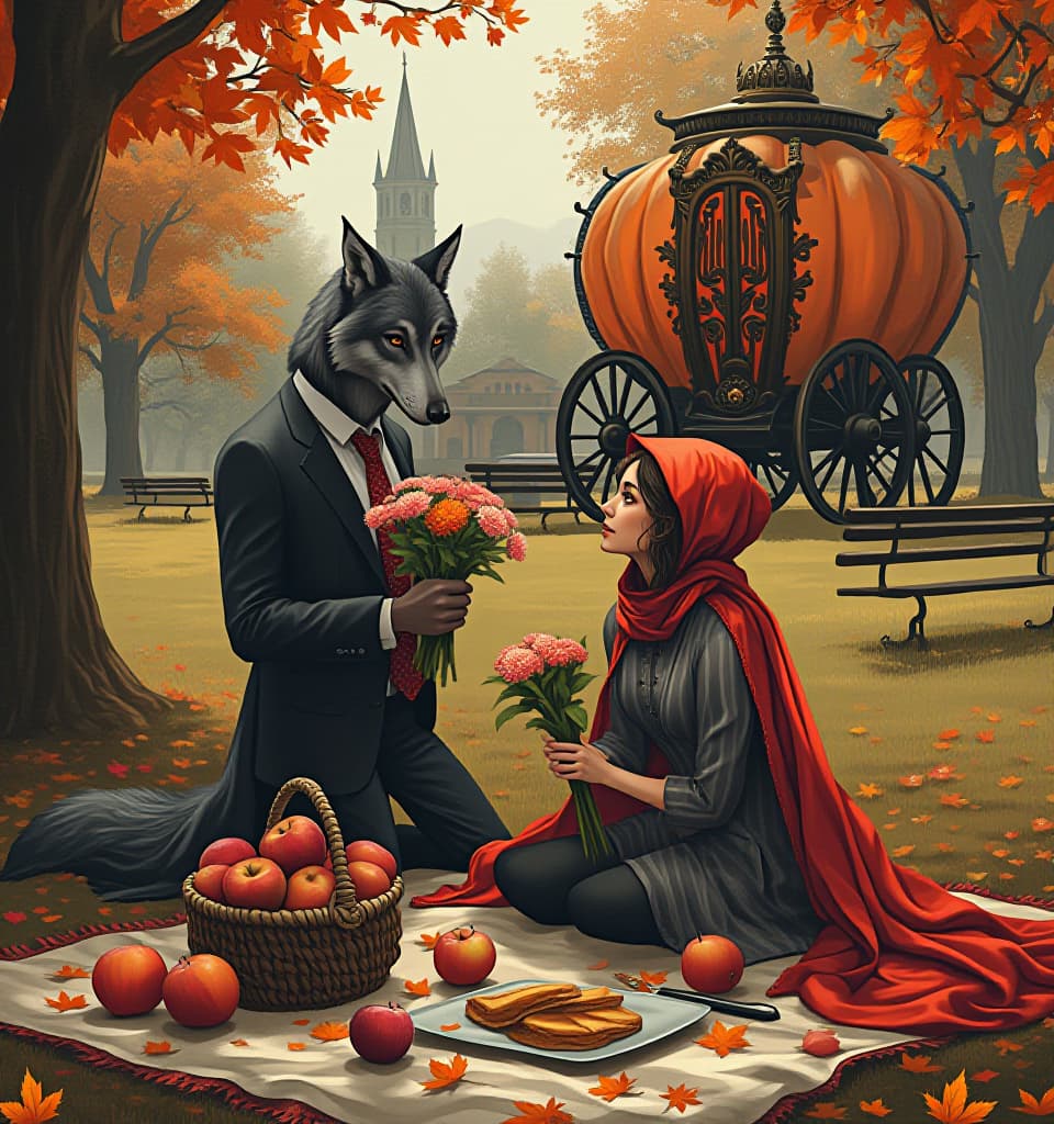  concept art (black ink drawing in dark fantasy style:1.5). a gray wolf in an ultra fashionable suit hands a bouquet of asters and maple leaves to a cute businesswoman, red riding hood. (romantic date, picnic on a patterned blanket on the gr:1.3). (gentle look, love, excitement:1.4). a basket of ripe apples, pies. (striped scarf:1.4), comfort and idyll. (a huge intricate carriage with patterned doors in the shape of a magical orange pumpkin in the distance in the background:1.6). (landscape of an autumn park with an ancient tower:1.4). falling autumn colorful leaves, a carpet of autumn rustling leaves, warm colors, detailed trees and benches. in the style of the works of alphonse mucha. . digital artwork, ilrative, painte