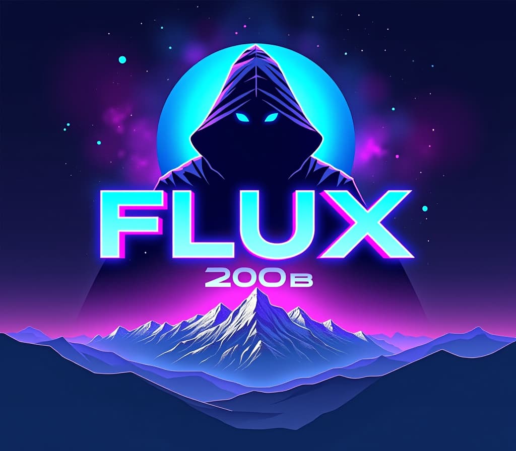  an epic logo for "flux 20b", depicting a space wizard in the style of a nebula background with blue and purple neon text on a white glowing background floating over a mountain range