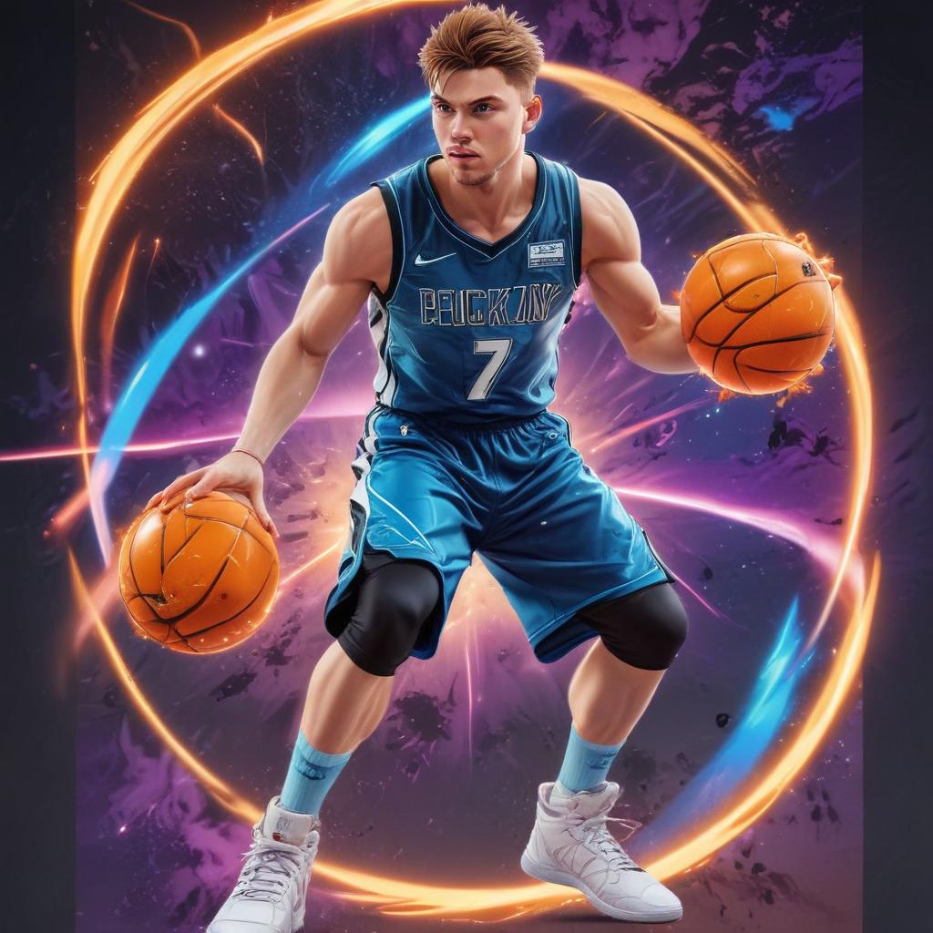 distance-shot, flashy, full-body, dynamic, holographic, animated cartoon poster of luka doncic in the style of dragon ball super