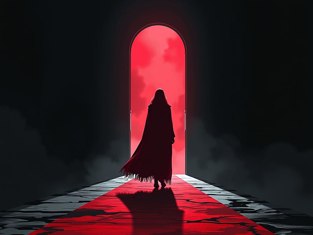  person in red walking away from a darkened doorway, rays of light illuminating their path, mood of irrevocable choice. the style is digital art illustration / modern comic book / graphic dark novel fantasy and mysterious occult, symbolic, moody lighting, esoteric vibe,high detail on character design. for the color scheme emphasize blacks and reds.