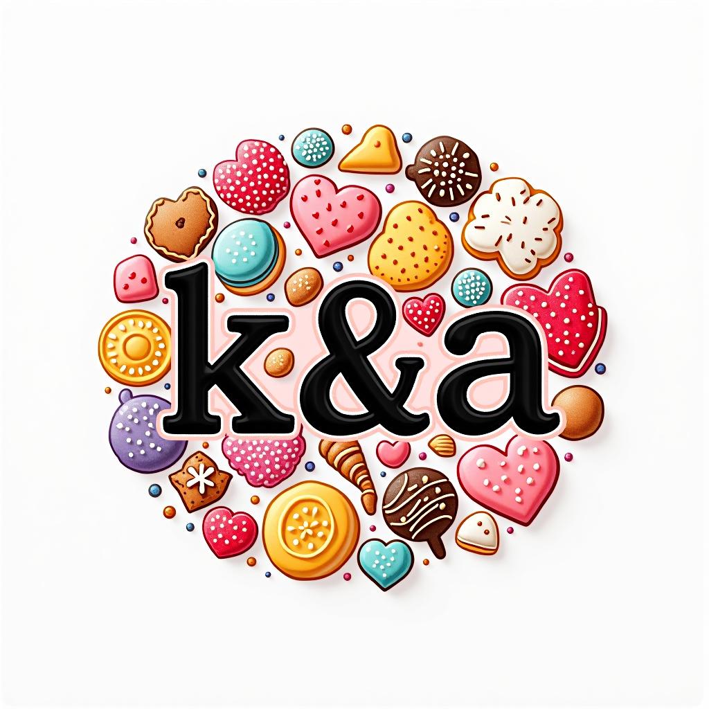  design a logo, diseño de pegatina personalizada en un fondo blanco aislado con las palabras en negrita ‘k&a’ con un telón de fondo de una rebanada de pastel, galletas y donitas , with the text 'k&a'.