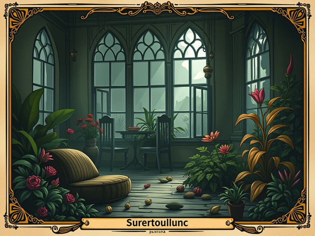  room filled with synthetic plants, plastic leaves and flowers, stagnant air, mood of inertia and stillness. an illustration in the style of a worn, mystical old tarot trump card, mysterious and elements of surrealism. the colors are muted, somber and eerie, but with contrast bring out an occult and esoteric vibe.